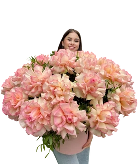 21 японская розовая роза в шляпной коробке.