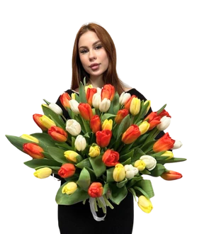 101 тюльпан mix с атласной лентой